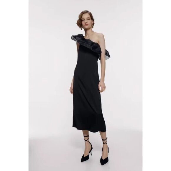 NWT Zara black satin effect midi dress with tonal organza ruffle accent, L - Picture 1 of 13
